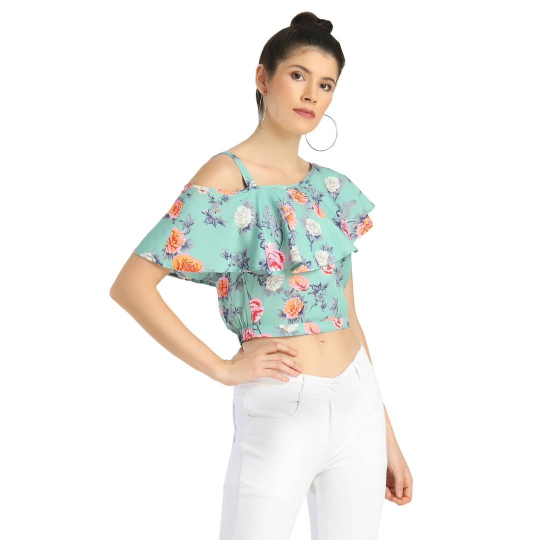 Women's Crop Length Printed Green Crepe Tops