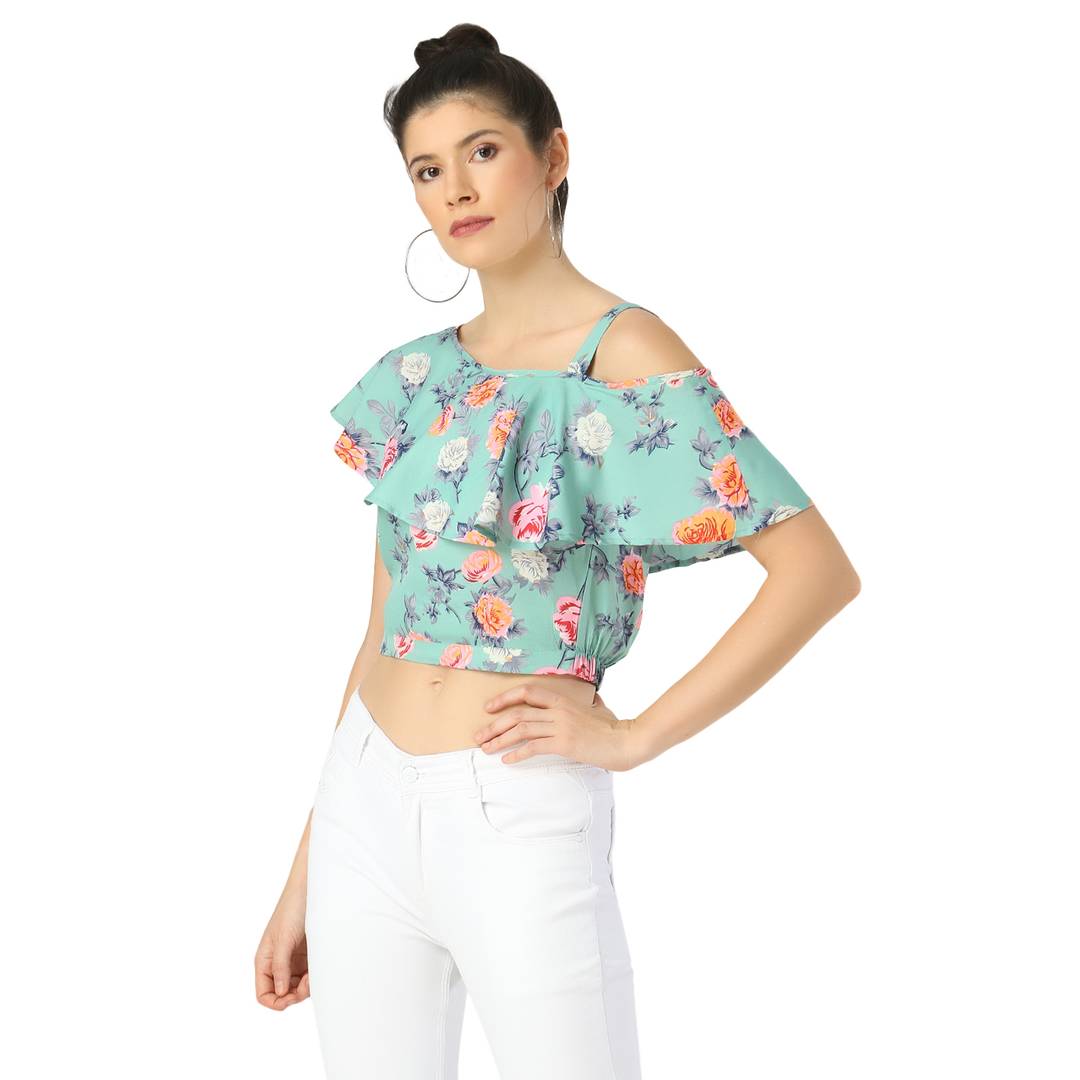 Women's Crop Length Printed Green Crepe Tops