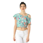 Women's Crop Length Printed Green Crepe Tops