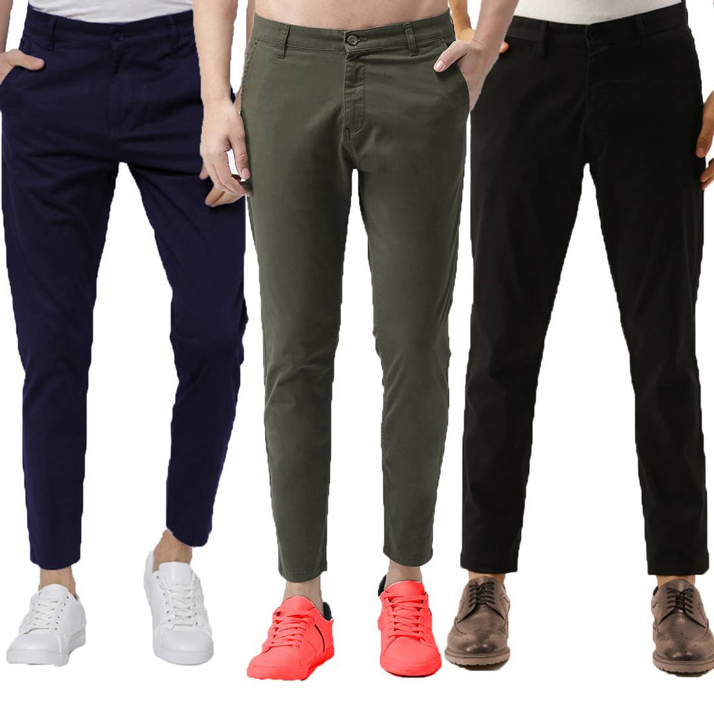 Stylish Multicoloured Cotton Spandex Solid Casual Trouser For Men (Pack Of 3)