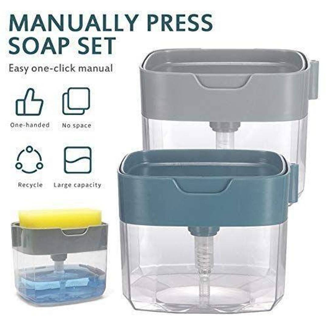 2 in 1 Soap Pump Dispenser for Dishwasher Liquid,Soap, Sponge Holder (385ml) Free Sponge Multicolour Pack of 1