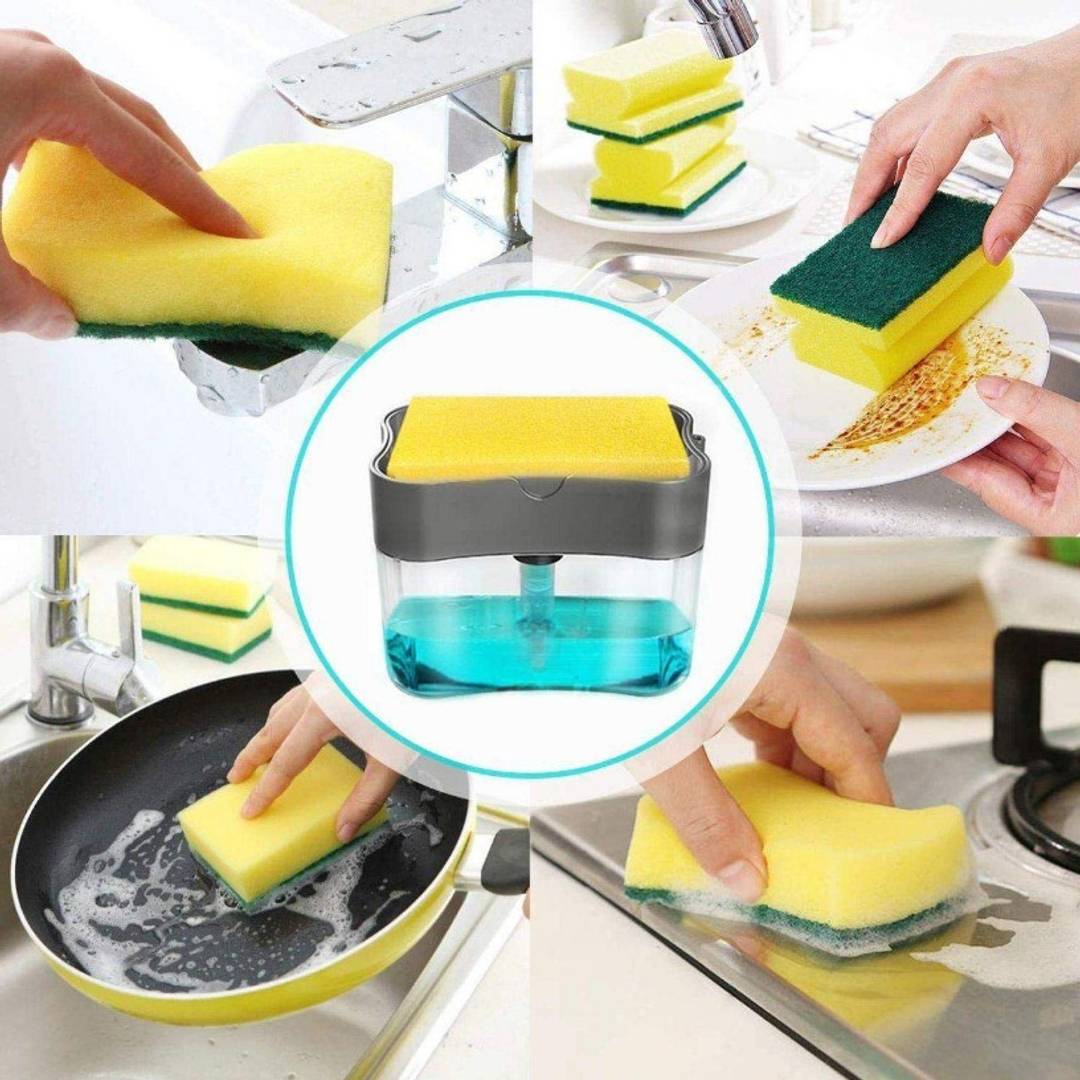 2 in 1 Soap Pump Dispenser for Dishwasher Liquid,Soap, Sponge Holder (385ml) Free Sponge Multicolour Pack of 1