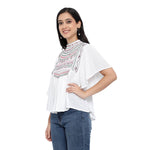 Elite White Cotton Blend Embroidered Regular Length Tops For Women