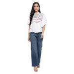 Elite White Cotton Blend Embroidered Regular Length Tops For Women