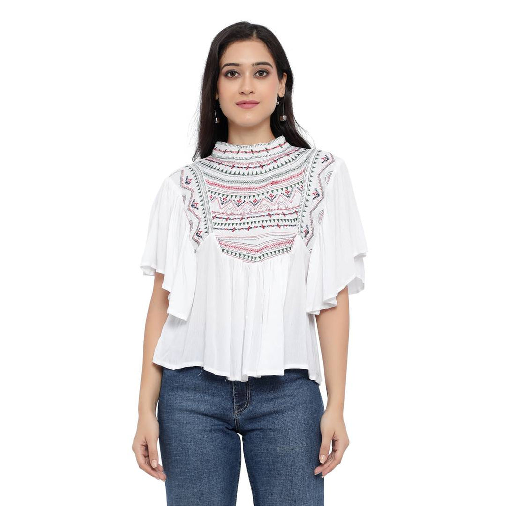 Elite White Cotton Blend Embroidered Regular Length Tops For Women