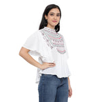 Elite White Cotton Blend Embroidered Regular Length Tops For Women