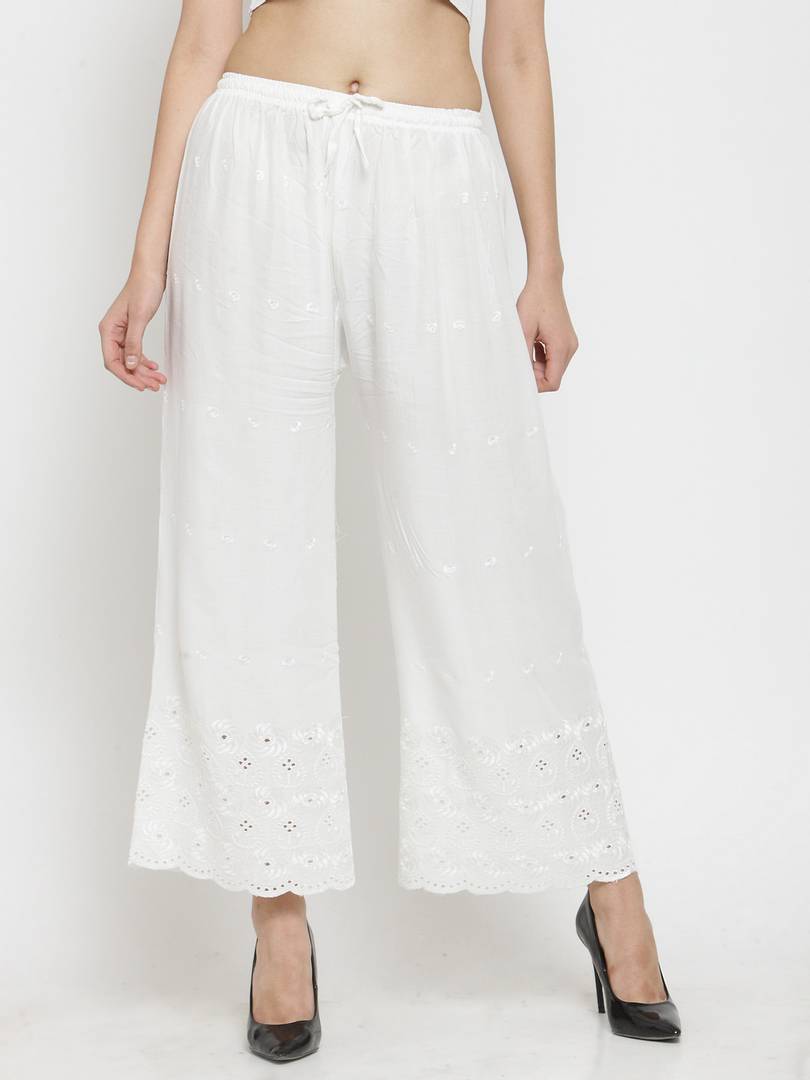Elegant White Rayon Embroidered Palazzo For Women