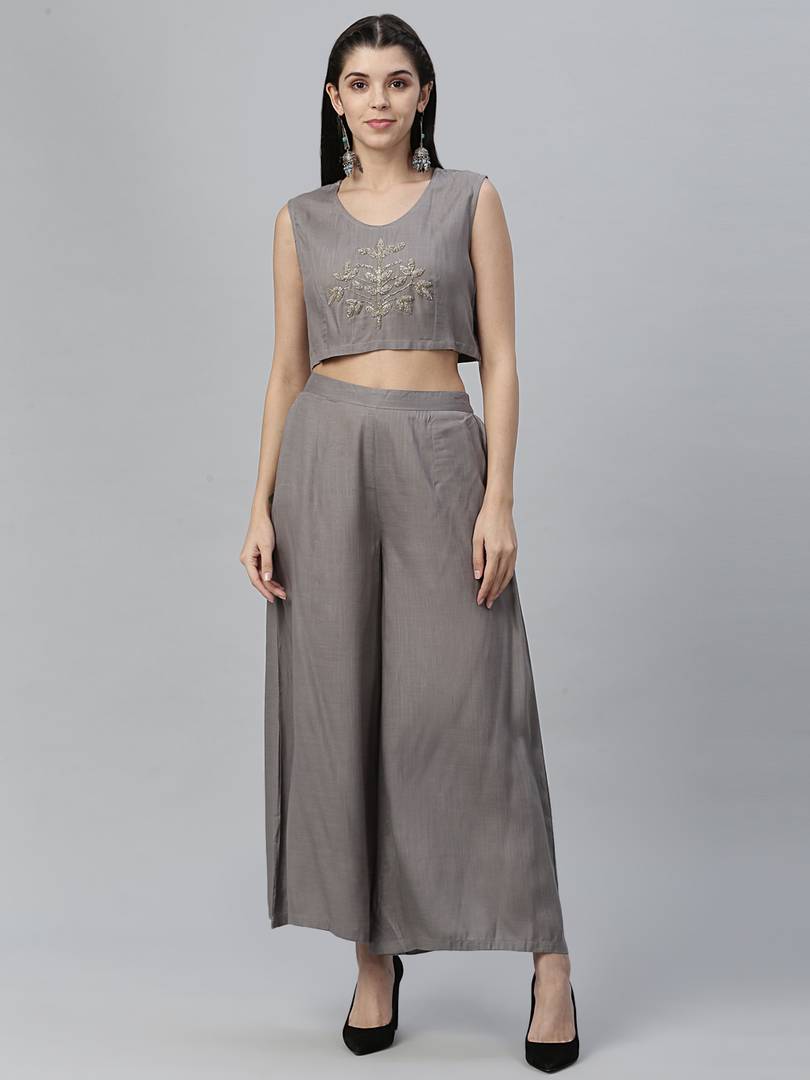 Elite Grey Poly Silk Embroidered Top with Palazzo And Shrug For Women