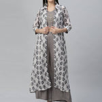 Elite Grey Poly Silk Embroidered Top with Palazzo And Shrug For Women