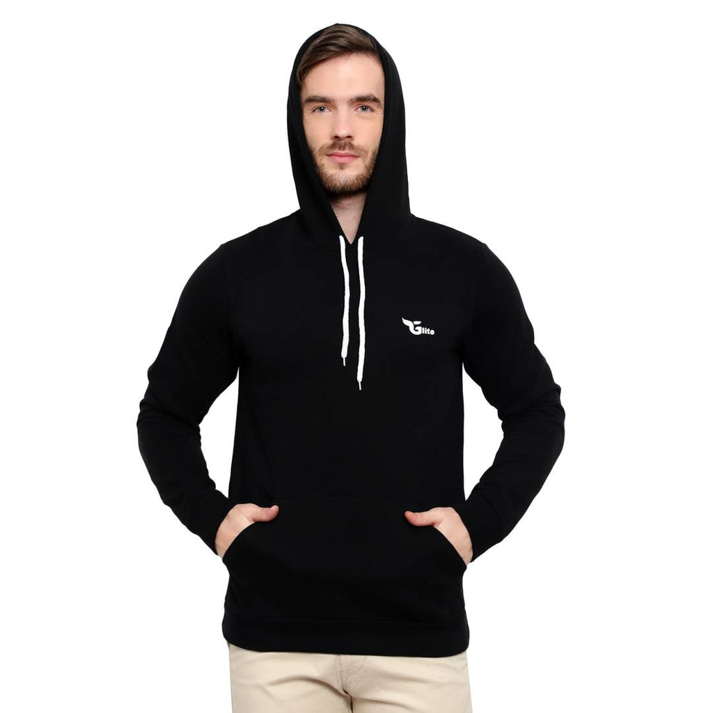 Solid Black Hooded Sweatshirt With Side Pocket For Men