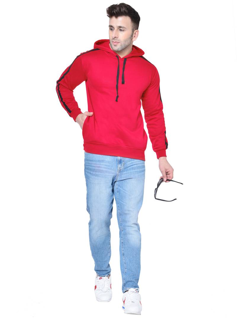 Men's Red Solid  Fleece  Hooded Sweatshirt