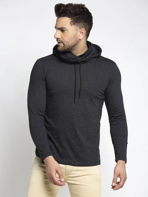 Stylish Grey Melange Cotton Solid Hooded Tees With Face Mask For Men