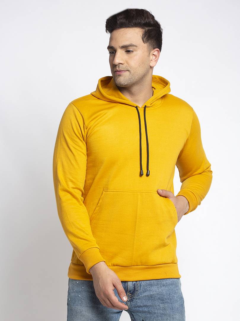Stylish Cotton Blend Mustard Solid  Pullover Hooded Sweatshirt For Men