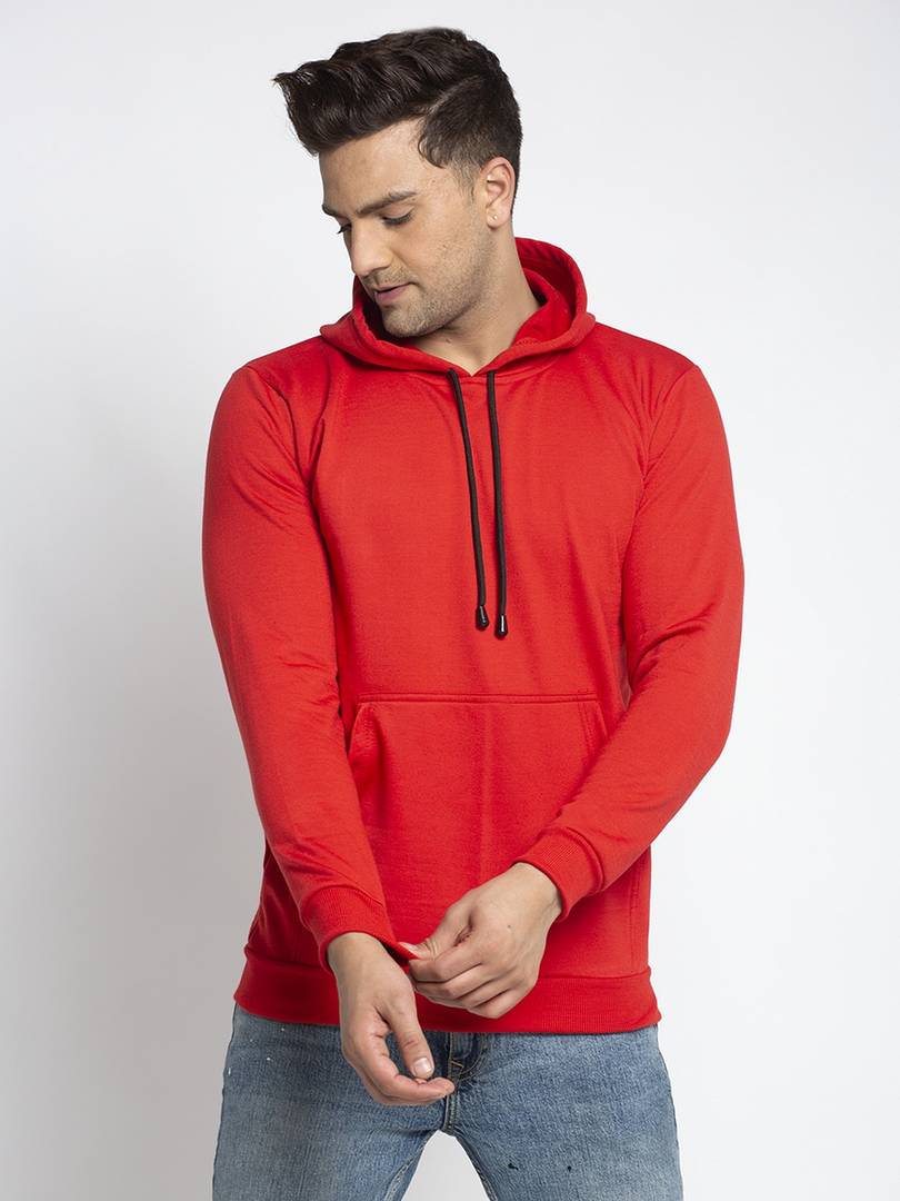 Stylish Cotton Blend Red Solid  Pullover Hooded Sweatshirt For Men