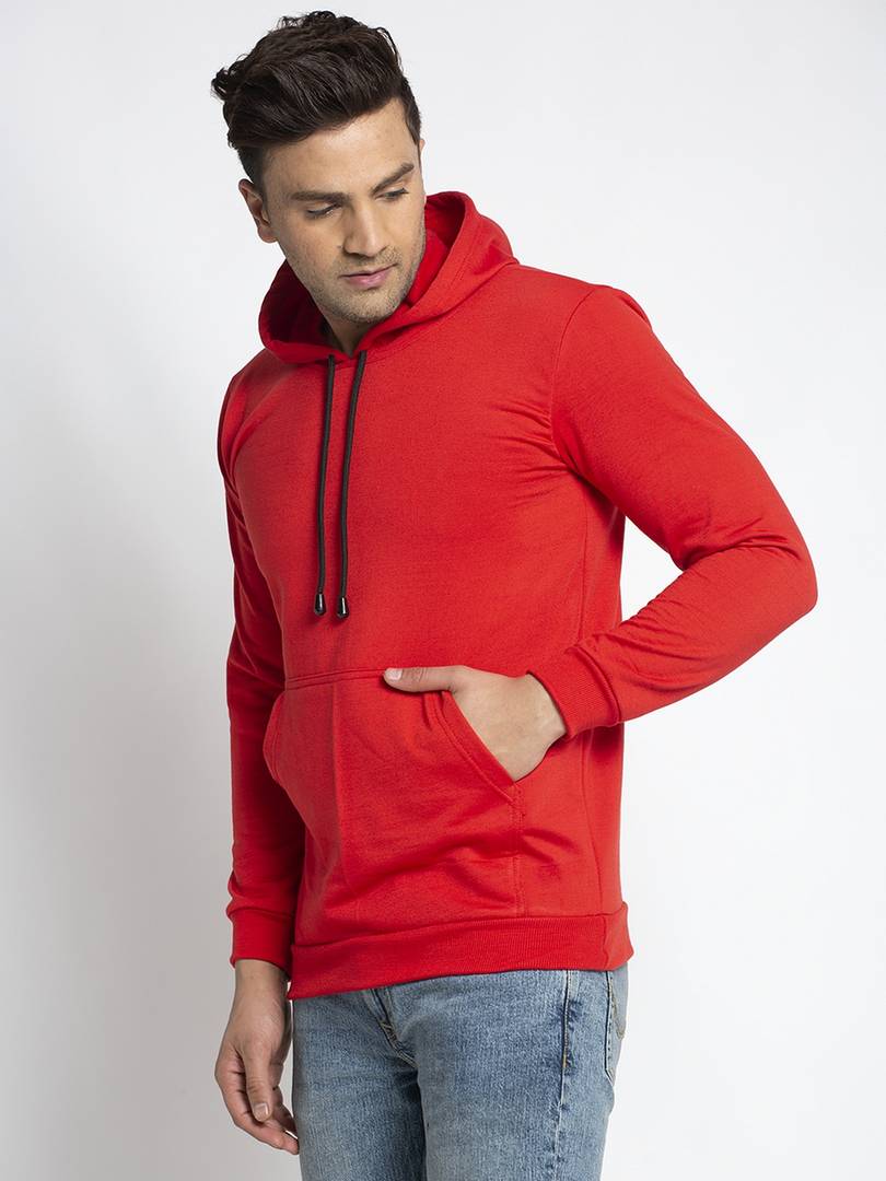 Stylish Cotton Blend Red Solid  Pullover Hooded Sweatshirt For Men