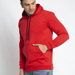 Stylish Cotton Blend Red Solid  Pullover Hooded Sweatshirt For Men