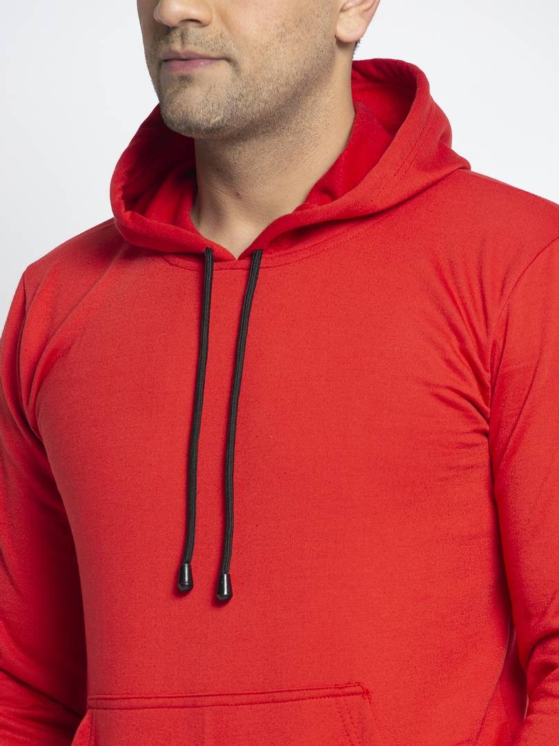 Stylish Cotton Blend Red Solid  Pullover Hooded Sweatshirt For Men