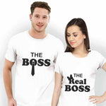 Couple White Cotton Printed Round Neck Tees (Pack of 2)
