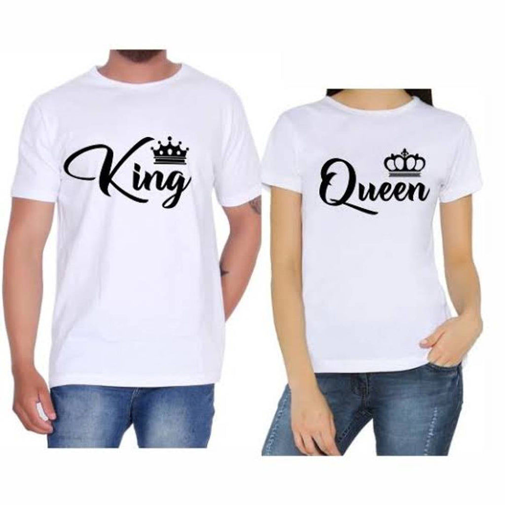 Couple White Cotton Printed Round Neck Tees (Pack of 2)