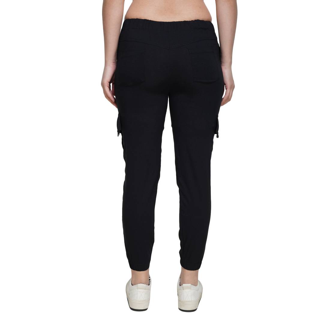 Stylish Cotton Spandex Black Slim Fit Cargo Jogger For Women