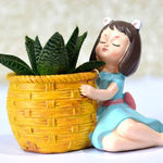 Grey Fox || Resin Pot Cute Girl with Basket || Succulent Pot Indoor || Desktop Flower Planter || Home Decor Garden || Without Plant
