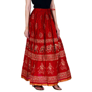 Stylish Cotton Red Kalamkari Print Skirt For Women