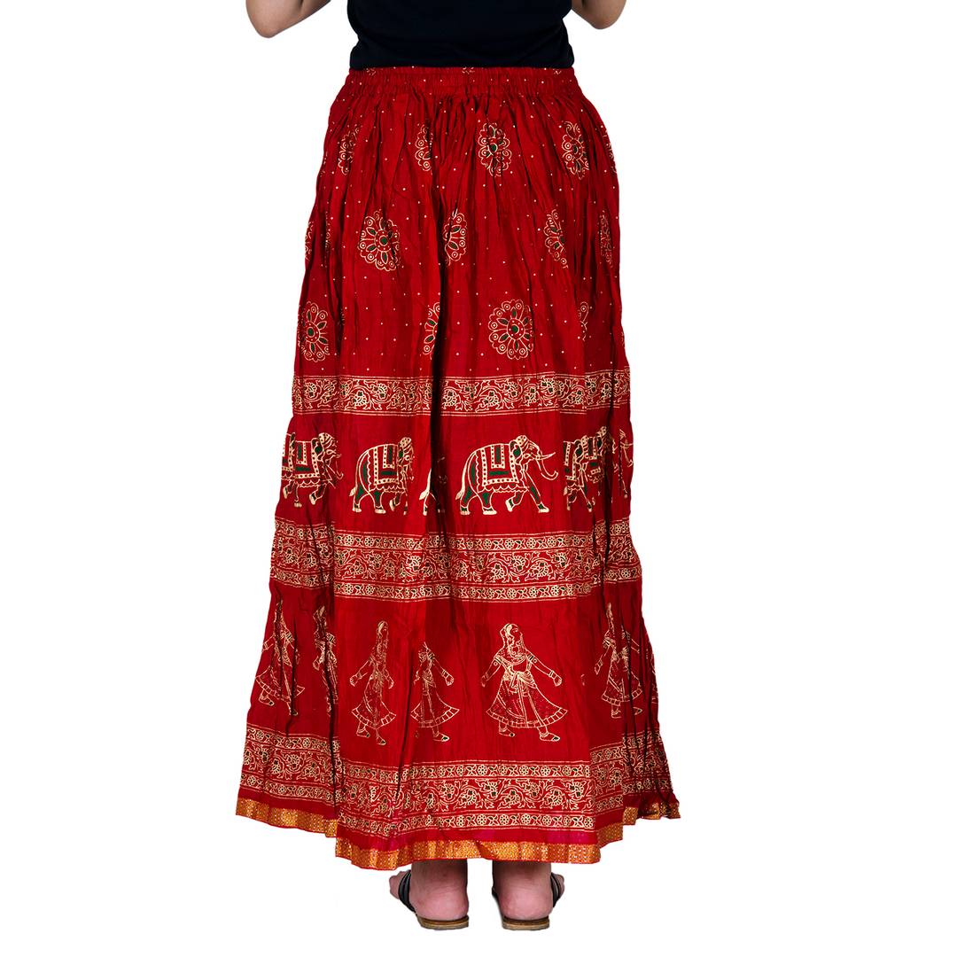 Stylish Cotton Red Kalamkari Print Skirt For Women