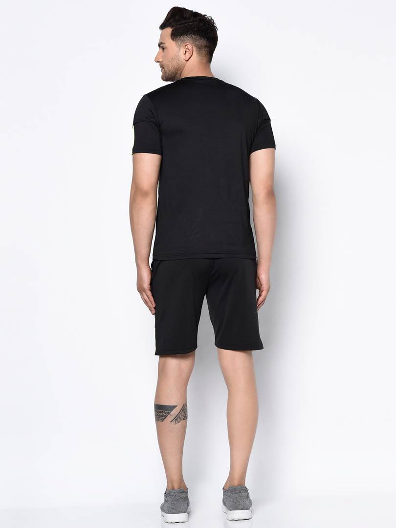 Stylish Black Striped Polyester Spandex Sports T-shirt & Shorts Set