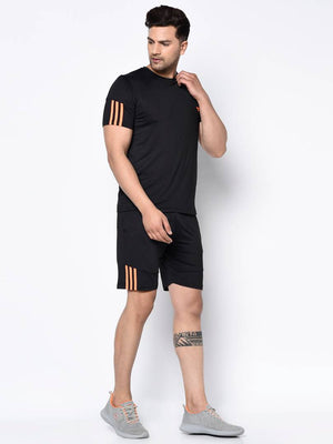 Stylish Black Striped Polyester Spandex Sports T-shirt & Shorts Set
