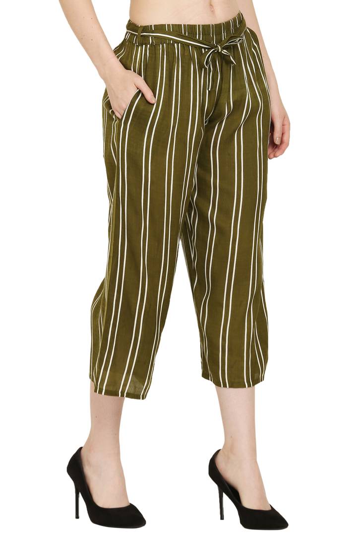 Elite Green Cotton Striped Capris For Women And Girls