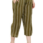 Elite Green Cotton Striped Capris For Women And Girls