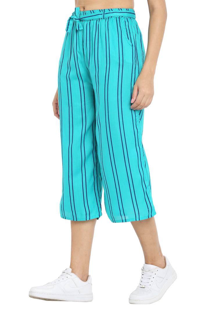 Elite Turquoise Cotton Striped Capris For Women And Girls
