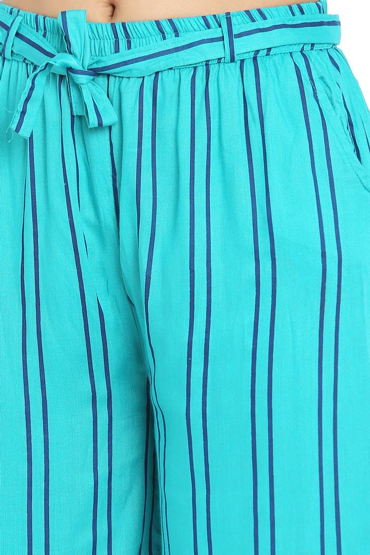 Elite Turquoise Cotton Striped Capris For Women And Girls