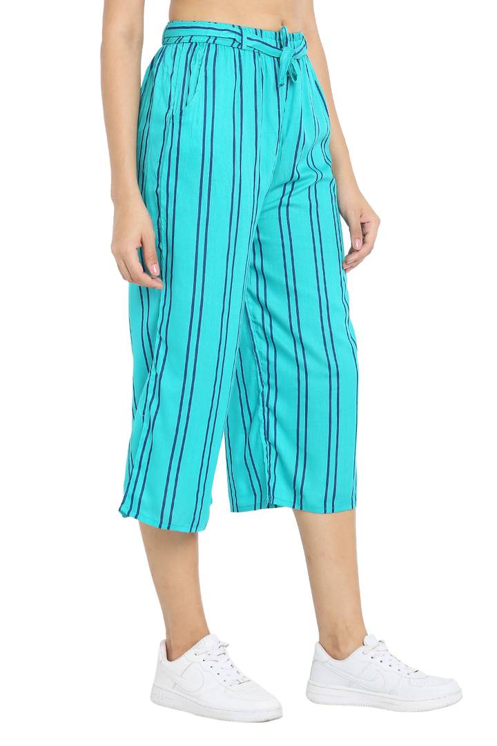 Elite Turquoise Cotton Striped Capris For Women And Girls