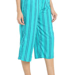 Elite Turquoise Cotton Striped Capris For Women And Girls
