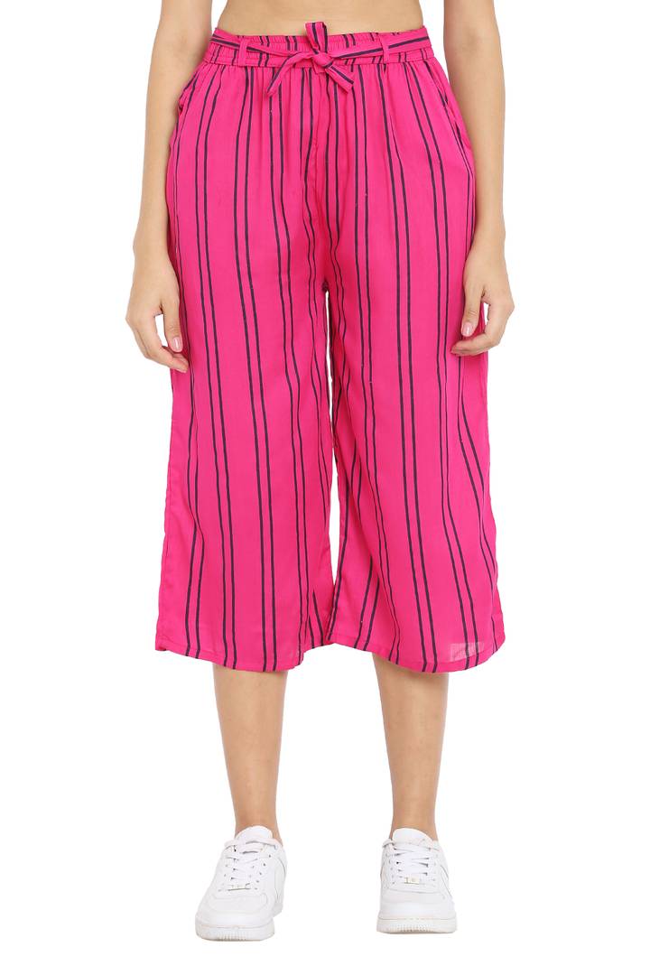 Elite Pink Cotton Striped Capris For Women And Girls