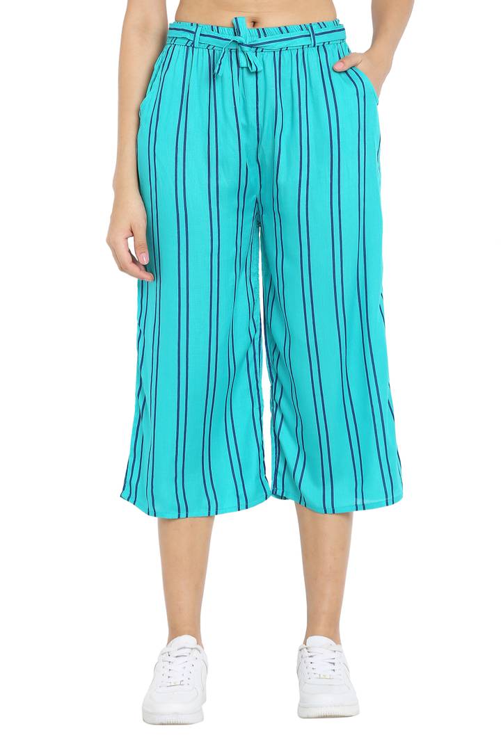 Elite Turquoise Cotton Striped Capris For Women And Girls