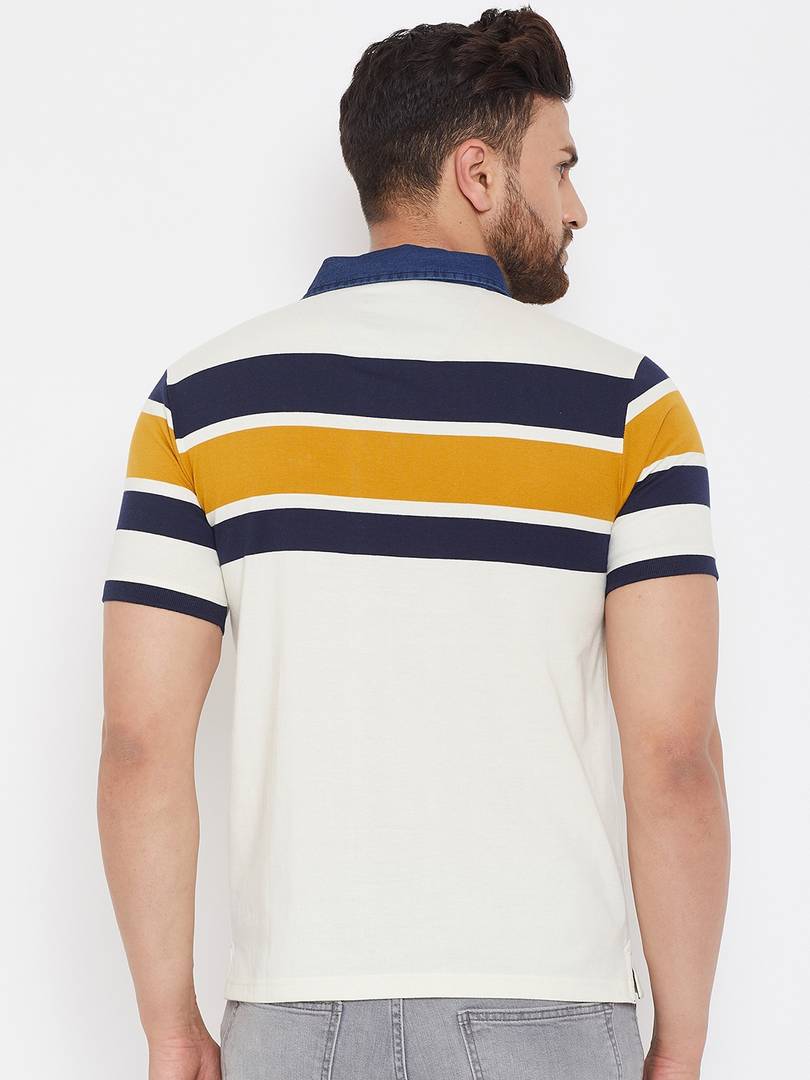 Men's White Cotton Striped Polos