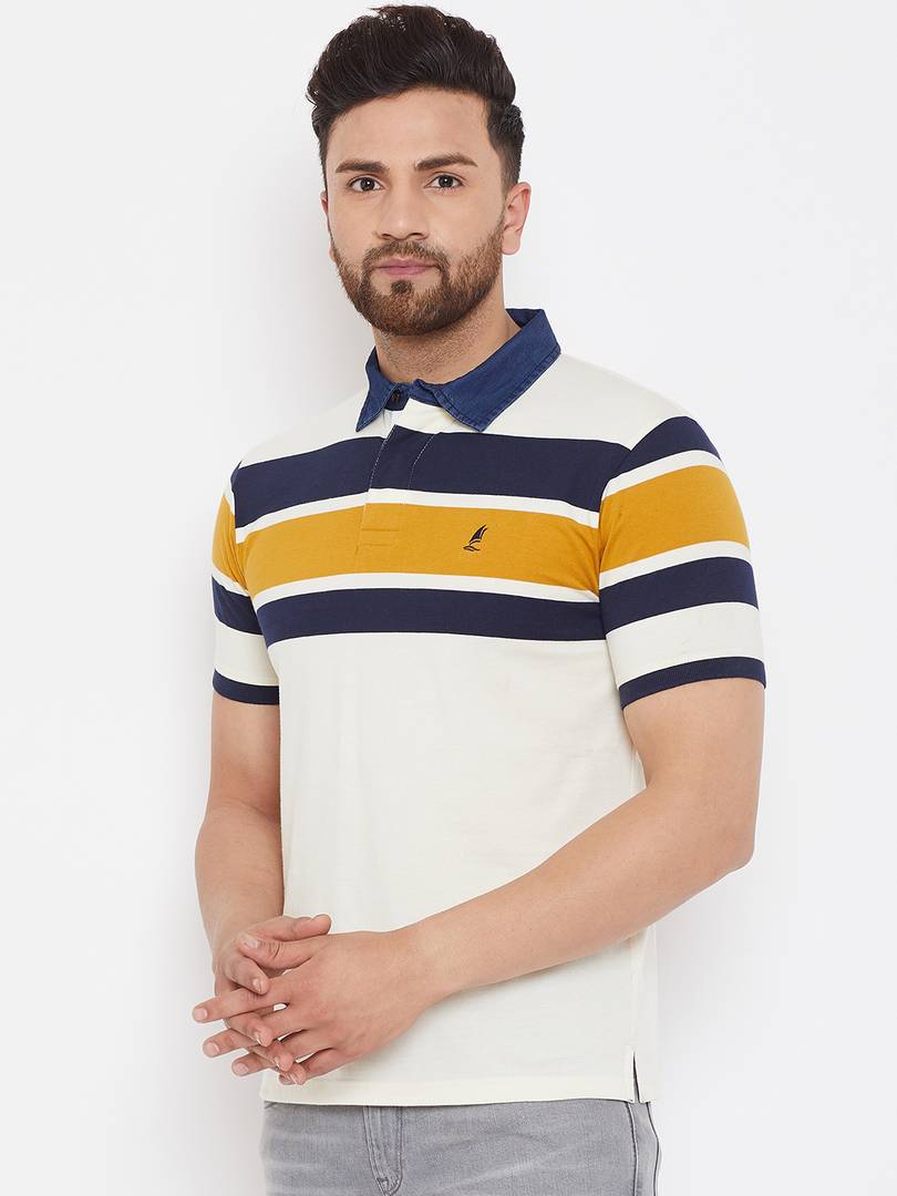 Men's White Cotton Striped Polos