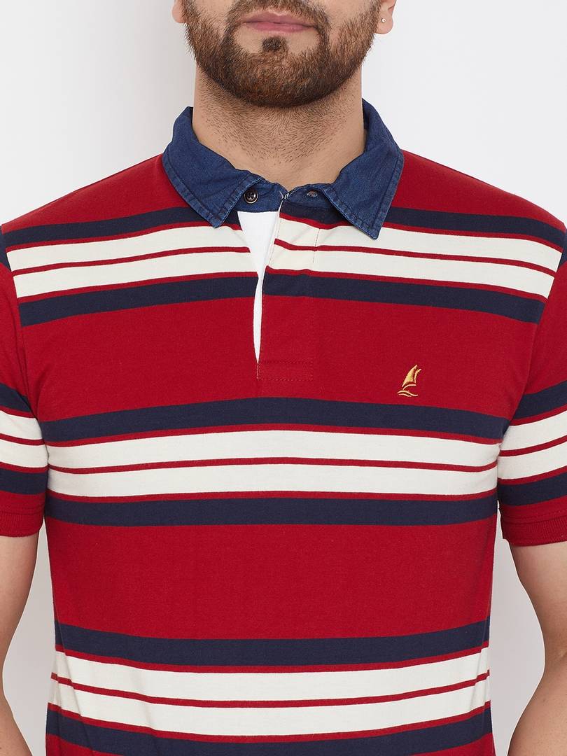 Men's Red Cotton Striped Polos