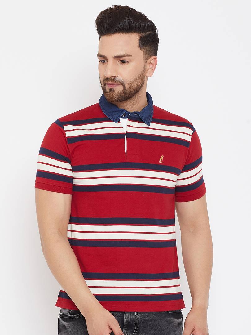 Men's Red Cotton Striped Polos