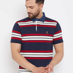 Men's Navy Blue Cotton Striped Polos