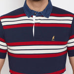 Men's Navy Blue Cotton Striped Polos