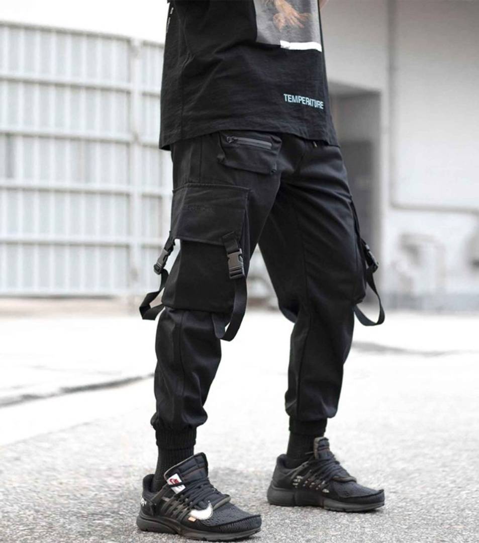 Black Mens Streetwear Pants With Pockets and Buckles