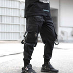 Black Mens Streetwear Pants With Pockets and Buckles