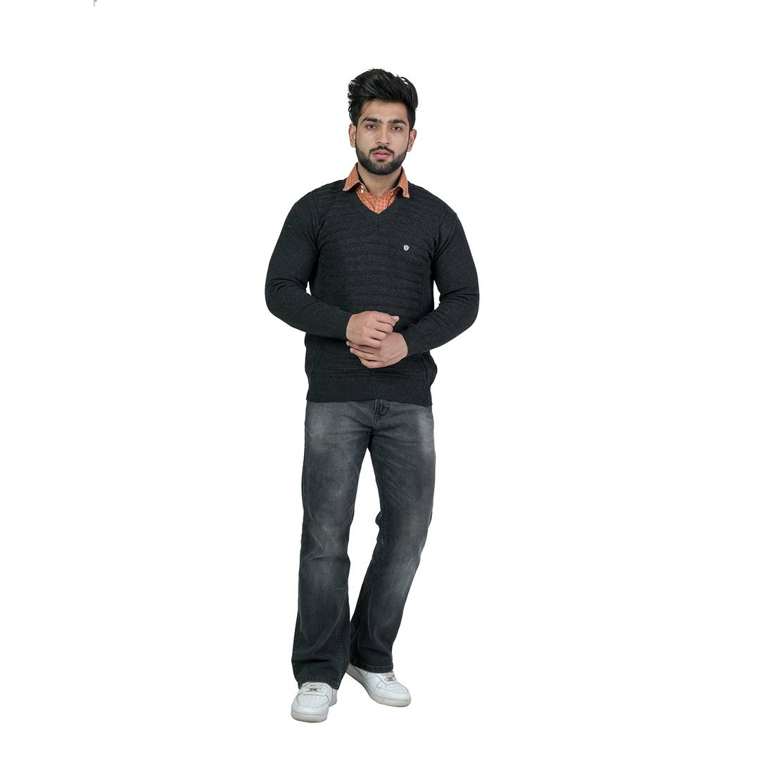 Men's V-Neck Solid Blended Wool Dark Grey Sweater