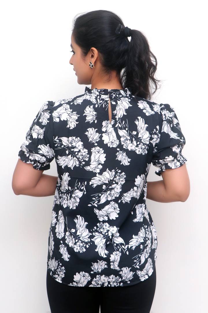 Stylish Viscose Rayon Navy Blue Floral Print Top For Women