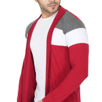 Stylish Maroon White & Grey Melange Cut & Sew Full Sleeve Open Long Shrug for Men
