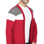 Stylish Maroon White & Grey Melange Cut & Sew Full Sleeve Open Long Shrug for Men