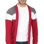 Stylish Maroon White & Grey Melange Cut & Sew Full Sleeve Open Long Shrug for Men